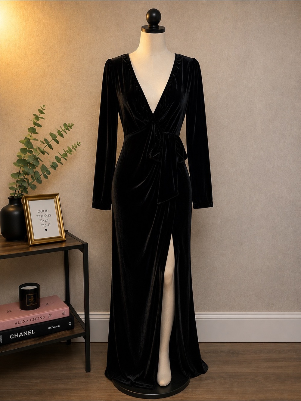 Black Velvet Long-Sleeve Wrap Maxi Dress with Side Slit